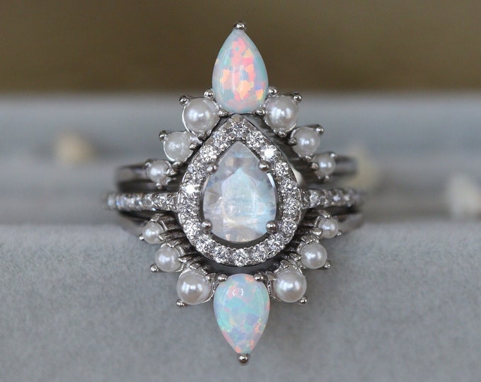 Moonstone Pearl Rainbow Opal Engagement 3 Ring Set- Genuine Teardrop Halo Moonstone with Pearl & Opal Bridal Rings- Iridescent Rainbow Rings