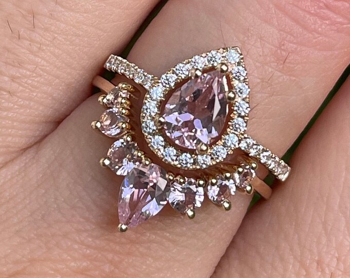 Teardrop Pink Morganite Bridal 14k Gold Ring Set-14k White Gold Pear Pink Gemstone Engagement 2 Ring-14k Rose Gold Halo Ring w/ Wedding Band
