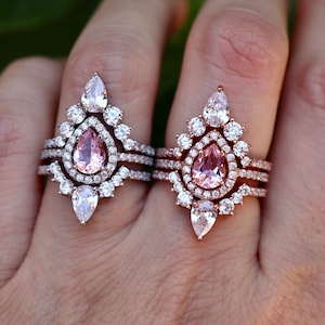 Teardrop Pink Morganite Halo Bridal 3 Sterling Silver Ring- Pear Pink Gemstone Engagement Gold Ring Set- Promise Rose Ring w/2 Wedding Band