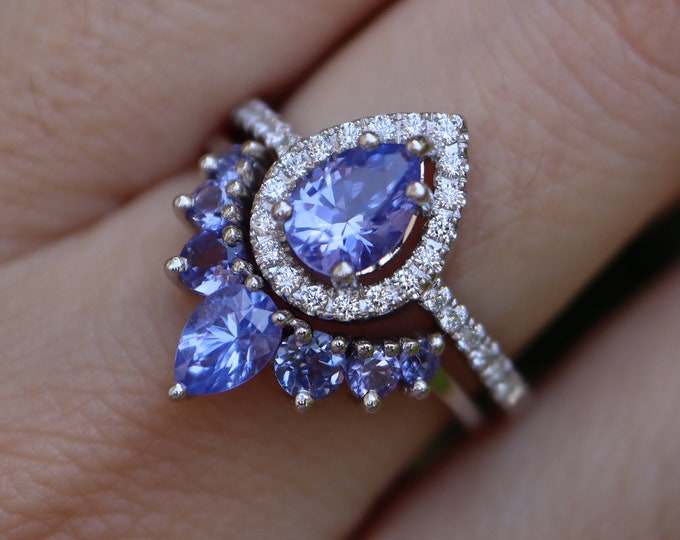 Teardrop Tanzanite Bridal 2 Ring Set- Pear Blue Purple Tanzanite Wedding Real Solid 14k Rose White Gold Rings- Halo December Birthstone Ring
