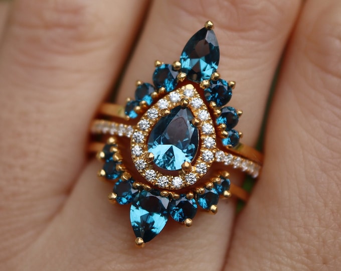 Teardrop London Blue Topaz Bridal 14k Solid Gold Ring- Pear Dark Blue Wedding Ring Set- Halo Ring w/2 Wedding Band- December Birthstone Ring