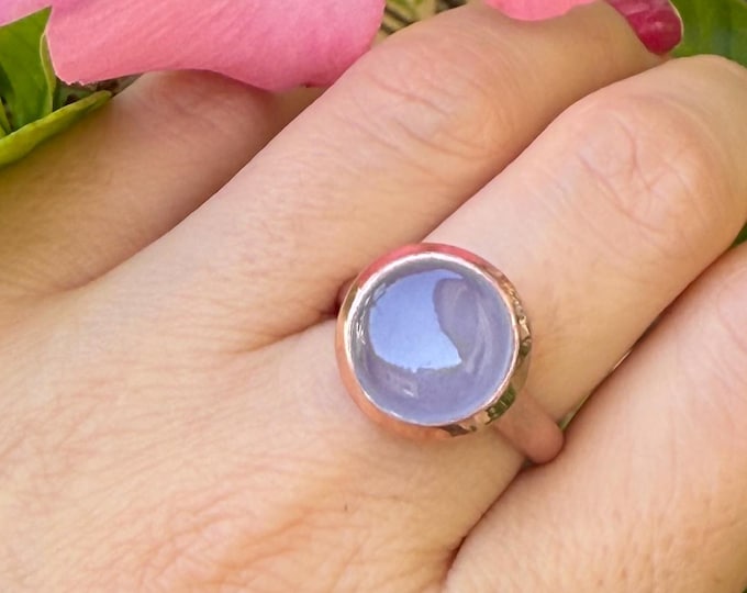 Round Blue Chalcedony Cabochon Sterling Silver Solitaire Ring