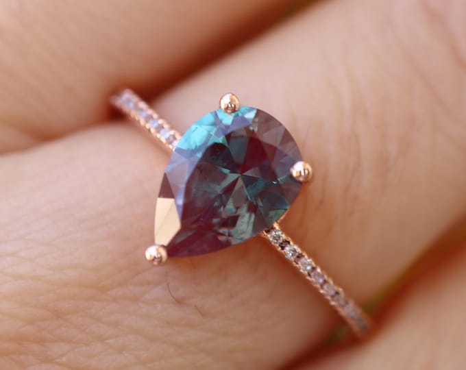 Teardrop Alexandrite Color Change Engagement Sterling Silver Ring- Purple Blue Green Alexandrite Promise Prong Solitaire Rose Gold Ring