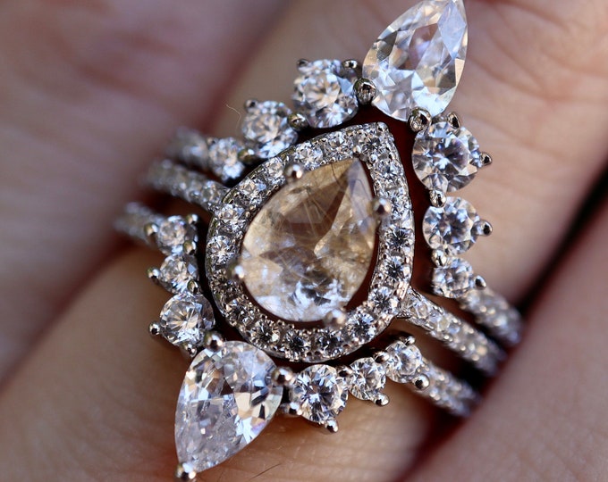 Teardrop Genuine Gold Rutile Quartz Bridal 3 Ring Set- Pear Halo Golden Quartz Engagement Ring- Rutilated Quartz Stone Ring w/2 Wedding Band