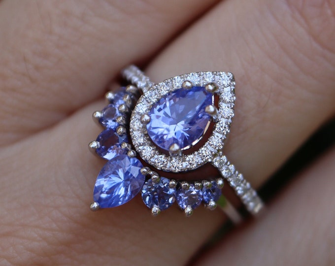 Teardrop Tanzanite Bridal 2 Silver Ring- Pear Blue Tanzanite Wedding Ring- Halo Bridal Rose Gold Wedding Ring Set- December Birthstone Ring