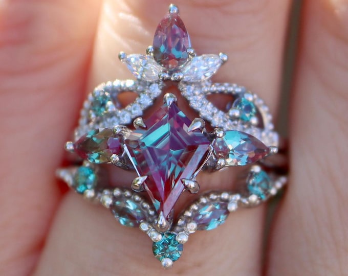 Kite Color Change Alexandrite Sterling Silver Engagement Ring Set