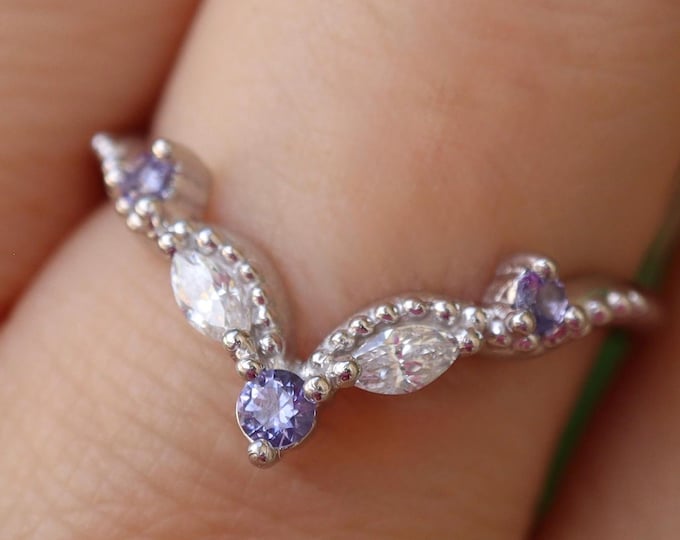 Blue Purple Tanzanite Deco 14k Gold Wedding Band- December Antique Milgrain 10k Rose Gold Band- Enhancer Guard 18k White Gold Vintage Band