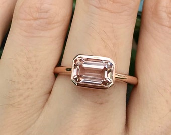 1.50ct Rectangle Natural Morganite Ring- Genuine Morganite Emerald Cut Engagement Ring-East West Morganite Solitaire Minimalist Bezel Ring