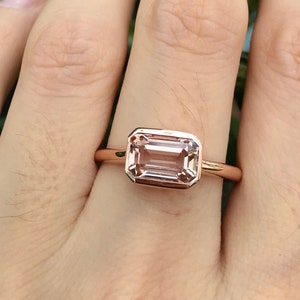 1.50ct Rectangle Natural Morganite Ring Genuine Morganite Emerald Cut Engagement Ring-East West Morganite Solitaire Minimalist Bezel Ring image 1