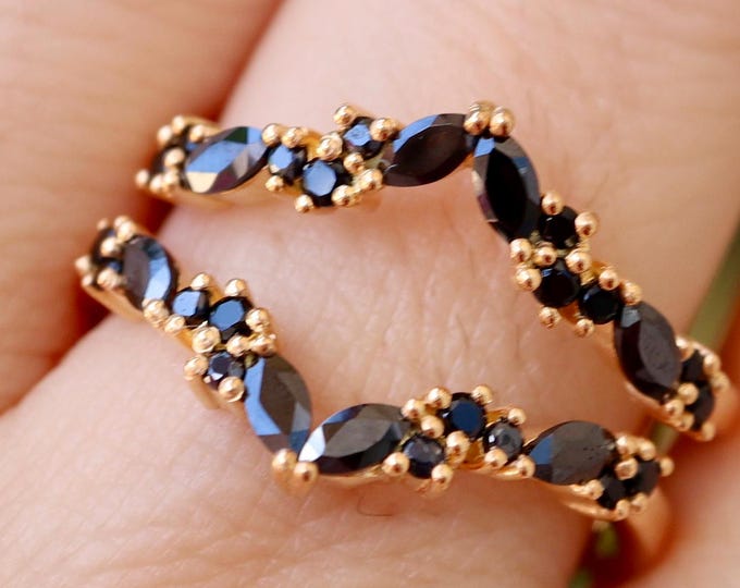 Marquise Black Onyx Curve Enhancer Vintage Wedding Band- Black Spinel Rose Gold Deco Band- Alternative Black Diamond 2 Dual Shank Band