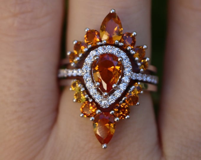 Teardrop Citrine Bridal 3 Sterling Silver Ring Set- Pear Yellow Halo 3 Ring- Orange Engagement Ring w/ 2 Curved Wedding Band- November Rings