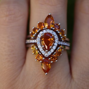 Teardrop Citrine Bridal 3 Sterling Silver Ring Set- Pear Yellow Halo 3 Ring- Orange Engagement Ring w/ 2 Curved Wedding Band- November Rings