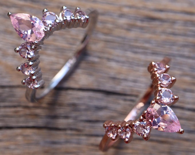 Pink Morganite Curve Wedding Silver Band- Light Pink Stone Nesting Contour Rose Band- Pink V Chevron Band- Semi Half Circle Gold Plated Band
