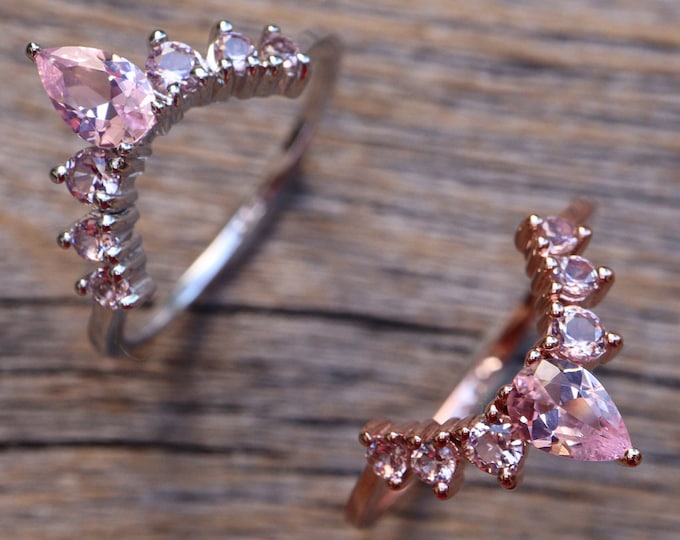 Pink Morganite Curve Wedding 14k Gold Band-Pink Stone Nesting Contour 14k Rose Gold Band-Pink V Chevron Band-Half Circle 14k White Gold Band