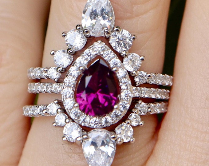 Teardrop Purple Amethyst Halo Bridal 3 Ring Set- 1 carat Dark Purple Pear Engagement Ring and Wedding Band- February Birthstone Ring