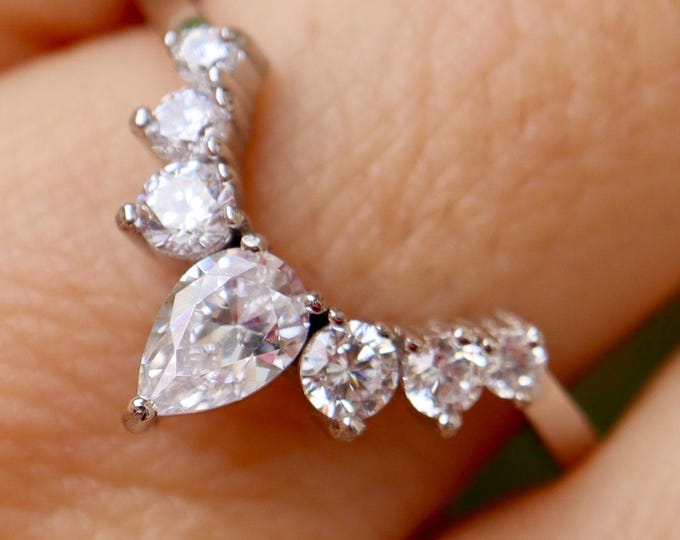 Cubic Zirconia Colorless Clear Wedding Silver Band- Alternative Diamond Engagement Rose Band- Half Circle Chevron V Band