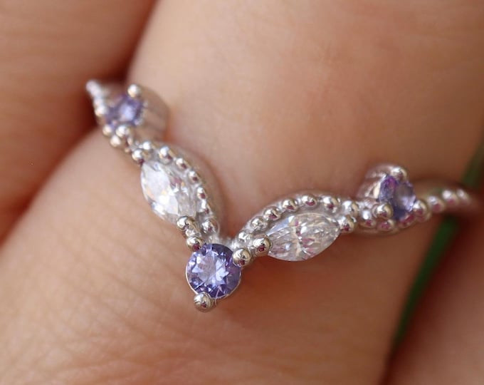 Blue Tanzanite Sterling Silver Deco Wedding Band- Moissanite Marquise Antique Milgrain Rose Gold Band- Enhancer Guard Gold Vintage Band