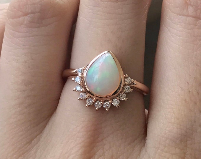 1ct Genuine Opal Pear Halo Engagement Ring- Teardrop Opal Diamond Solitaire Ring- Natural Opal 18k Gold Ring- October Birthstone Ring