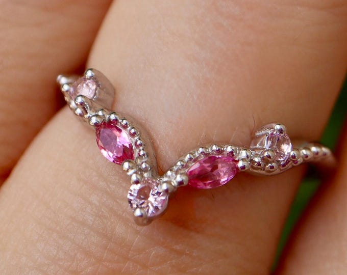 Pink Morganite Sapphire Sterling Silver Deco Wedding Band- Marquise Round Antique Milgrain Rose Gold Band- Enhancer Guard Gold Vintage Band