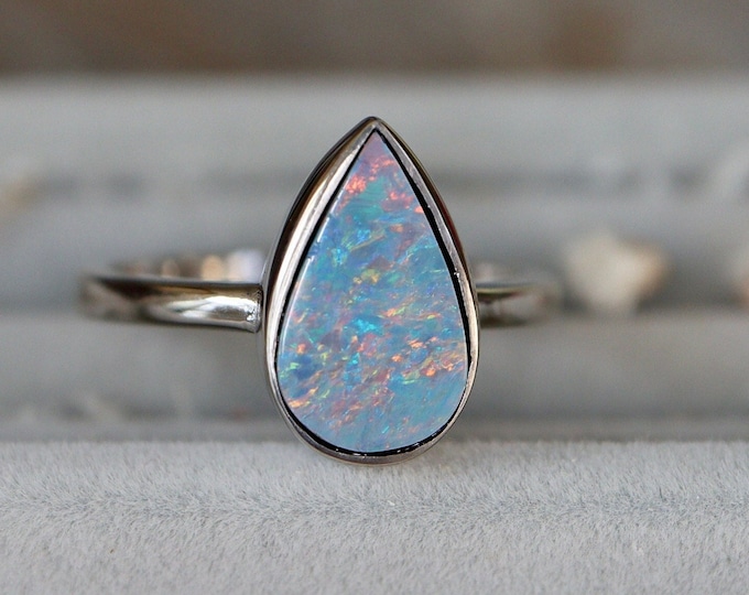Genuine Australian Opal Sterling Silver Ring- Natural Opal Doublet Ring- Unique Opal Bezel Bohemian Ring- Iridescent Rainbow Opal Ring