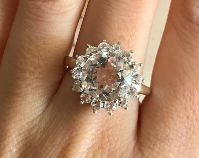 4ct Genuine White Topaz Round Engagement Ring- Halo Colorless Large Engagement Ring- Alternative Diamond Engagement Ring- Non Diamond Ring