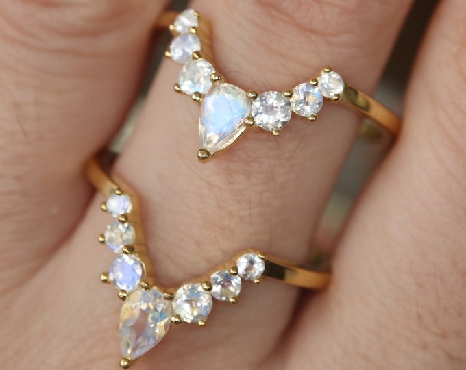 Genuine Pear Round Moonstone Curve Cluster Wedding Band in Solid 10k 14k 18k Gold
