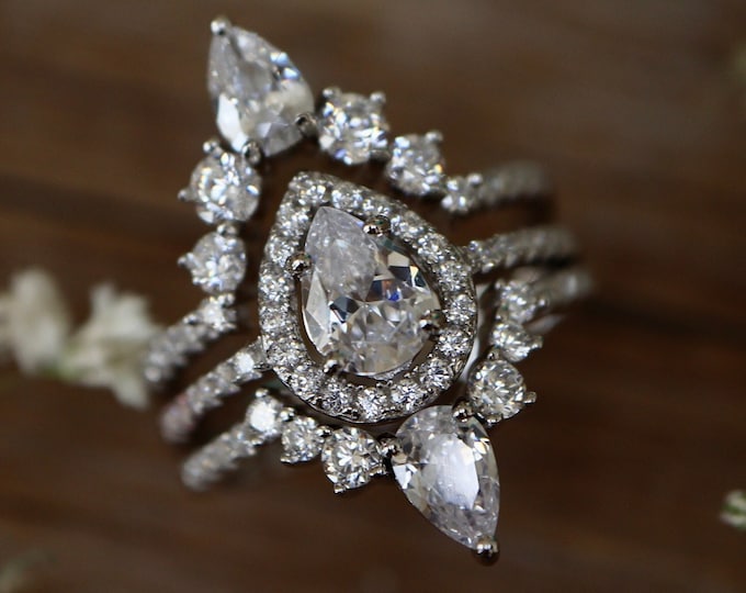 Teardrop Diamond Simulant Bridal 14k Gold Ring Set- Pear Clear Halo Engagement 14k White Gold 3 Rings- 18k Rose Gold Ring w/2 Wedding Band