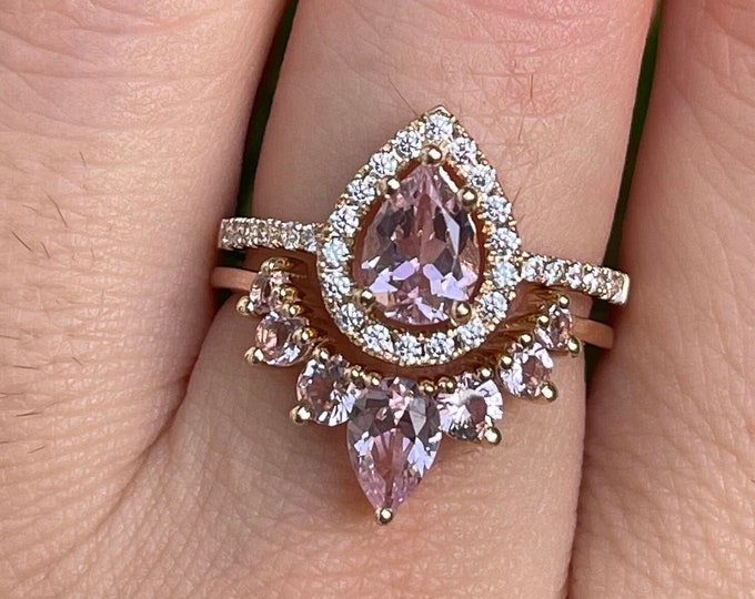 Teardrop Pink Morganite Bridal Silver Ring Set- Pear Pink Gemstone Engagement 2 Gold Prong Rings- Rose Gold Halo Ring with Wedding Band