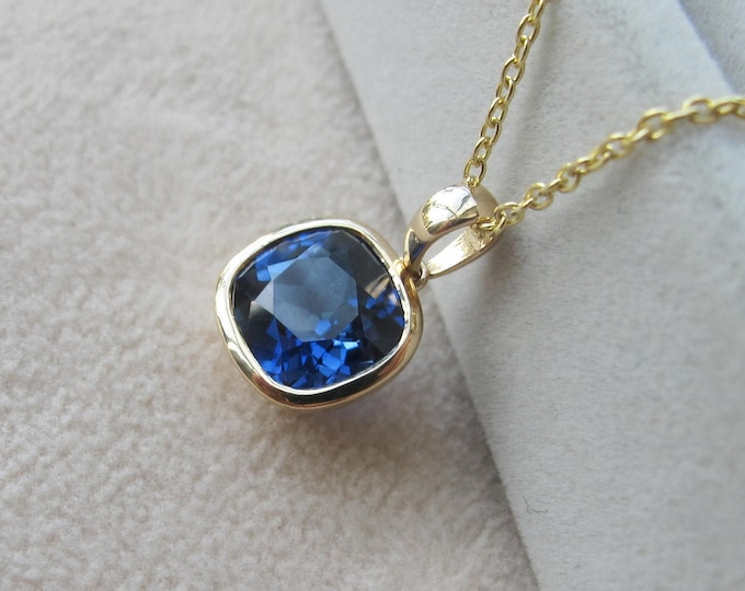 Blue Sapphire Square 14k Gold Necklace- Cushion Sapphire Simple Necklace-Lab Dark Blue Sapphire Bezel Necklace September Birthstone Necklace