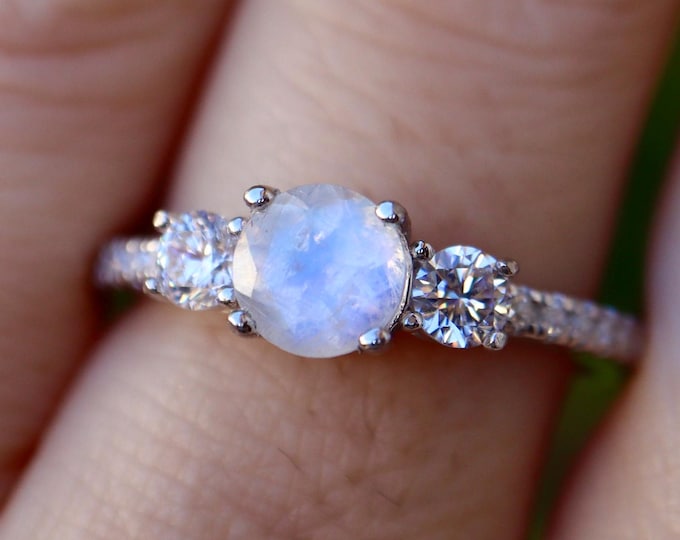 Genuine Round Moonstone Three Stone Promise Vintage Ring For Her