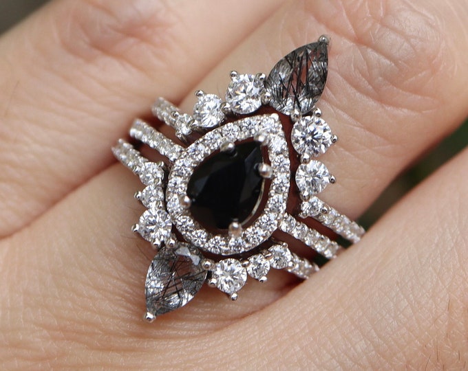 Black Onyx and Rutile Engagement Ring Set- Teardrop Halo Black Bridal 3 White Gold Rings- Tourmalated Quartz Rose Gold Pear Ring for Her