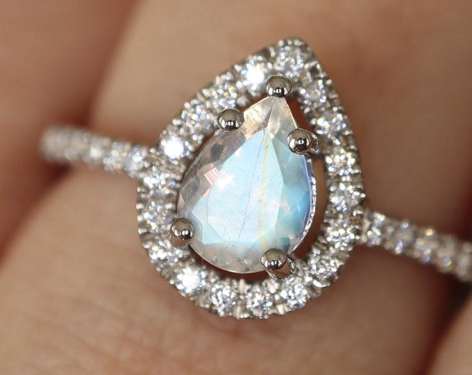 Teardrop Genuine Moonstone Halo Sterling Silver Ring- Pear Natural Blue Moonstone Solitaire Rose Gold Promise Ring- June Birthstone Ring