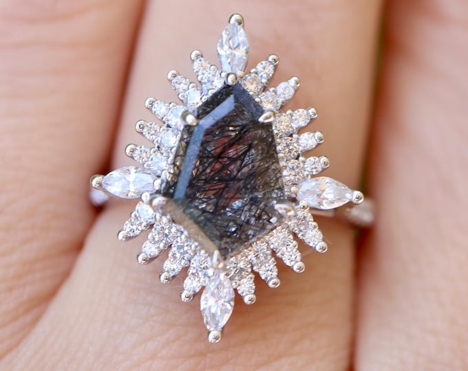 Salt Pepper Quartz Elongated Hexagon Shield Halo Solitaire Sterling Silver Ring