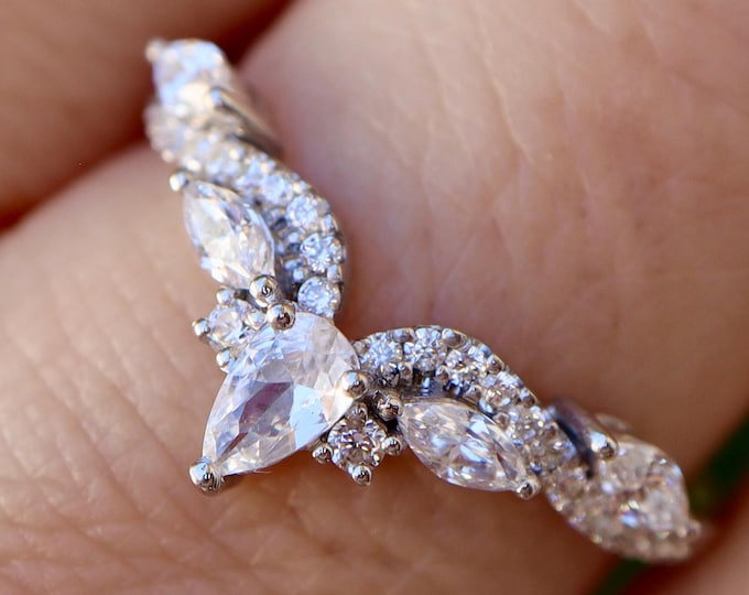 Marquise White Moissanite Sterling Silver Deco Wedding Band