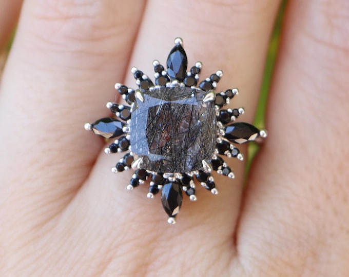 Salt Pepper Quartz Cushion Halo Solitaire Sterling Silver Ring