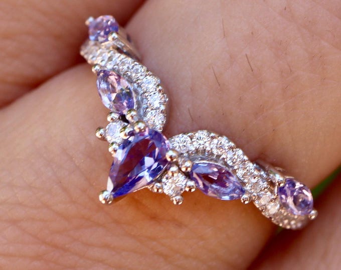 Marquise Tanzanite and Moissanite Sterling Silver Deco Wedding Band