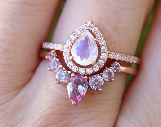 Teardrop Moonstone Color Change Alexandrite Real Solid 18k Anniversary Ring Set- Pear Halo Rainbow Moonstone 14k Gold June Birthstone Rings