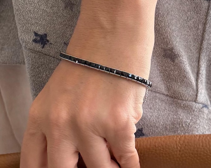 Genuine Black Onyx Tennis Sterling Silver Bracelet- Princess Square Facet Black Gemstone Milgrain Bracelet- Handmade Jewelry for Her