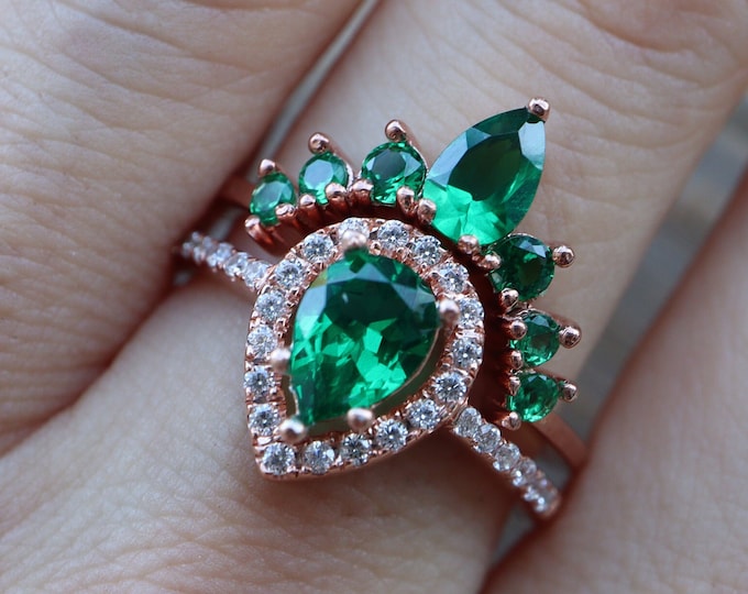 Teardrop Emerald Engagement 14k Gold 2 Ring Set-Pear Halo Real Solid 14k Rose Gold Ring-Dark Deep Green Anniversary Ring-May Birthstone Ring