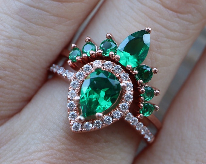 Teardrop Emerald Engagement 14k Gold 2 Ring Set- Pear Halo Bridal 14k Rose Gold Rings- Dark Deep Green Gemstone 14k White Gold Rings