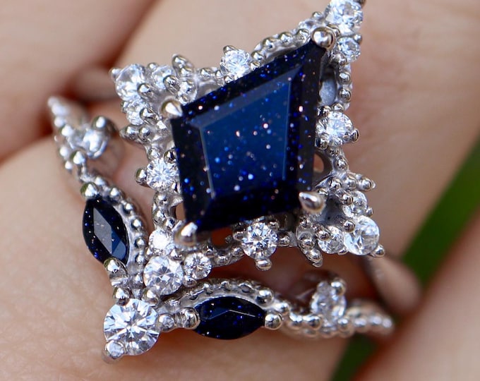 Kite Blue Sandstone Celestial Halo Engagement Sterling Silver Vintage Ring with Wedding Band