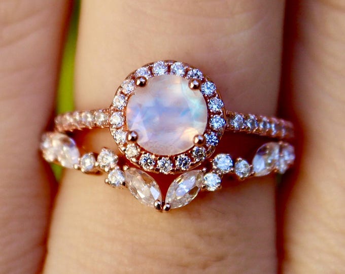 Genuine Round Moonstone Halo Engagement with Cubic Zirconia Contour Wedding Band