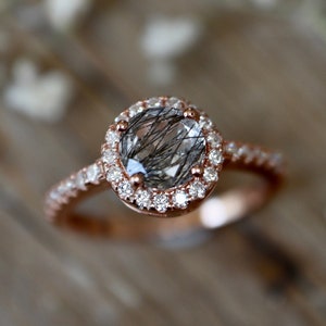 Halo Black Rutilated Quartz Solitaire Ring- Round Black Tourmalated Engagement Rose Gold Ring- Genuine Black Quartz Silver Promise Ring