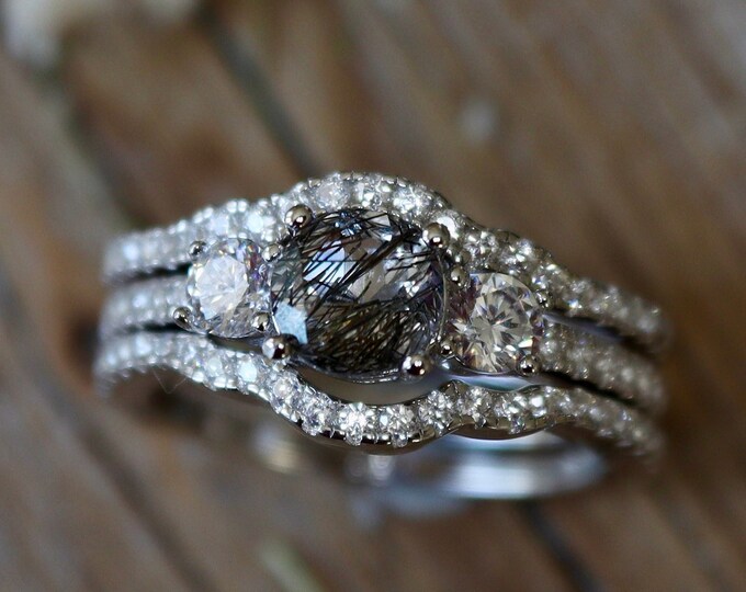 Black Rutilated Quartz Three Stone Bridal Ring Set- Round Black Tourmalated Rose Gold Three Rings- Genuine Black Quartz Silver Promise Ring
