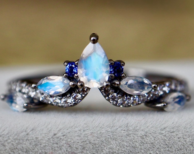Genuine Pear Moonstone Vintage Wedding Band- Natural Marquise Blue Moonstone Deco Rose Gold Band- Iridescent Enhancer Sterling Silver Band