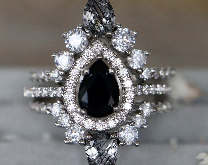Black Onyx and Rutile Pear Engagement Ring Set- Teardrop Halo Black Bridal 3 White Gold Rings- Gothic Romantic Gifts for Wife Girlfriend Her