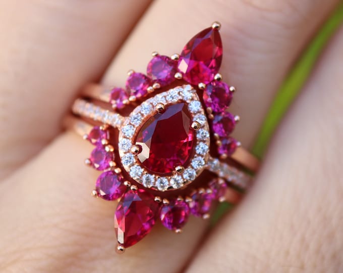 Teardrop Red Ruby Bridal 3 Ring Set- 14k Solid Rose White Yellow Gold Pear Red Gemstone Halo Ring-Pink 18k Engagement Ring w/ 2 Wedding Band
