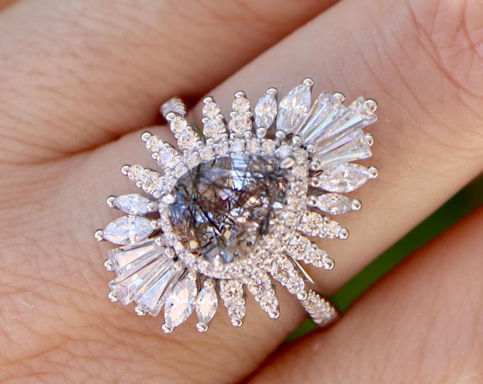 Salt Pepper Quartz Pear Halo Solitaire Sterling Silver Ring