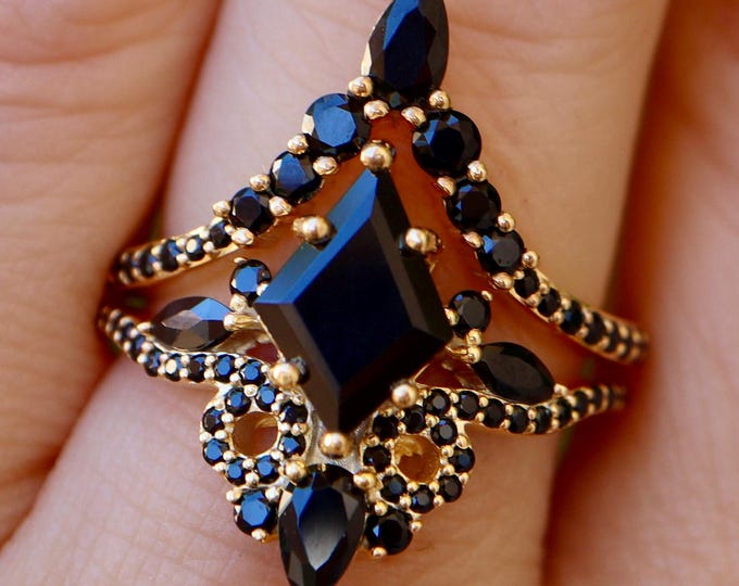 Kite Black Onyx Vintage 2 Sterling Silver Bridal Prong Ring Set- Black Onyx Wedding Deco Gold Engagement Rings- Gothic Black Gemstone Ring