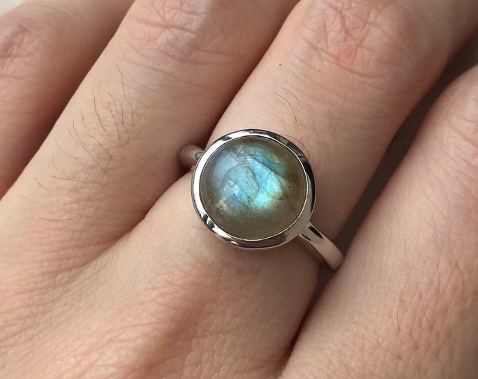 Genuine Cabochon Round Labradorite Sterling Silver Ring